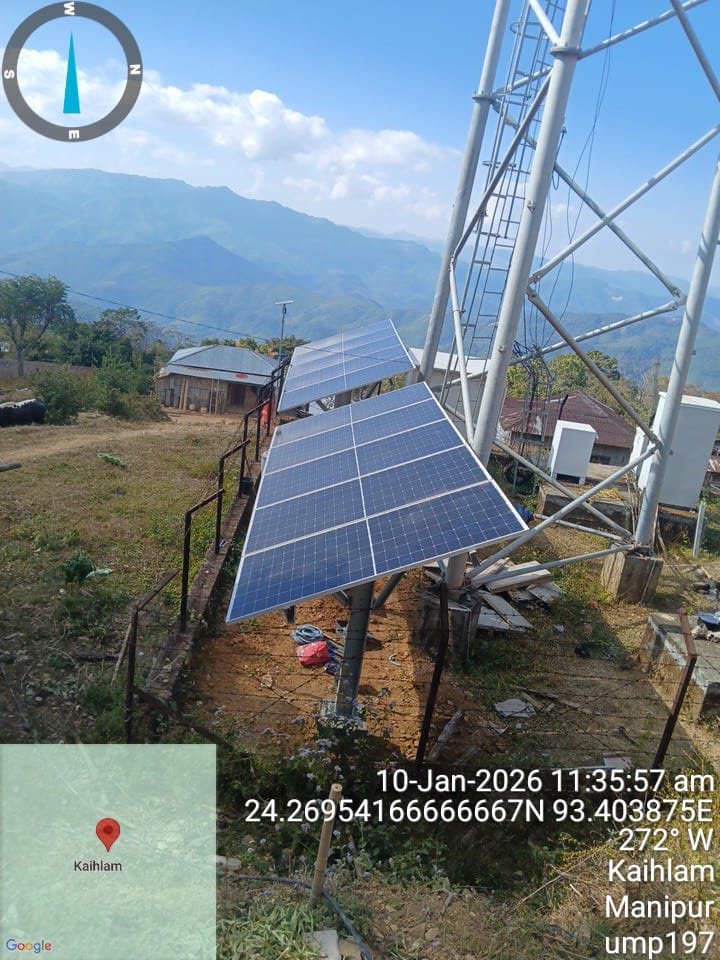 Ground-mounted solar array at an Airtel telecom site