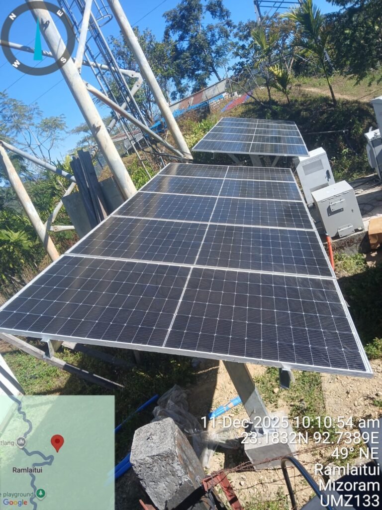 Ground-mounted solar array at an Airtel telecom site